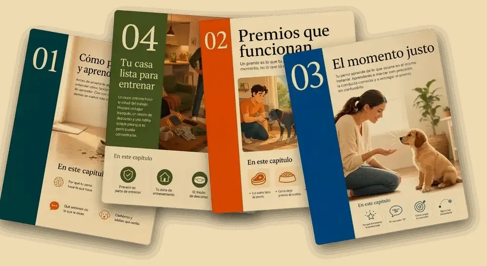 Aperturas de capítulo: 01 Cómo aprende, 02 Premios que funcionan, 03 El momento justo, 04 Tu casa lista para entrenar